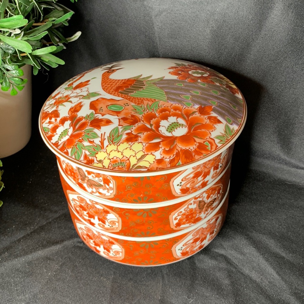 VTG OMC Otagiri Japanese covered 3 bowl serving set with peacock and butterflies